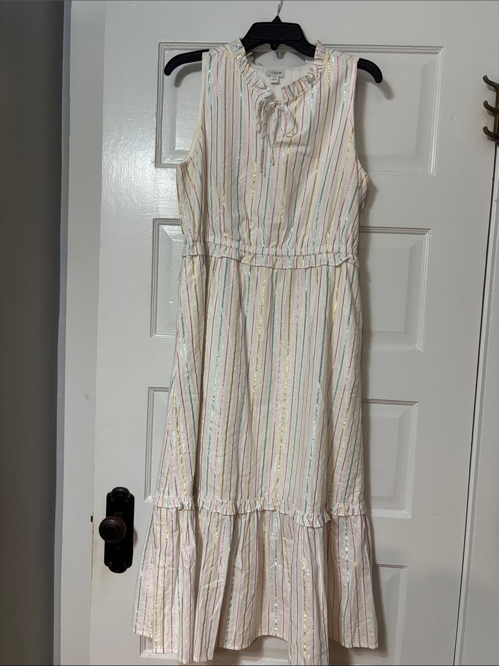 J. Crew Ivory Sleeveless Ruffle-Neck Stripe Midi Dress